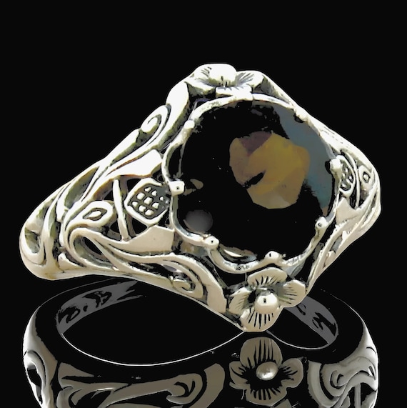 Vintage Scottish Thistle Ring: Natural Smoky Quartz, 925 Sterling Silver Filigree 099