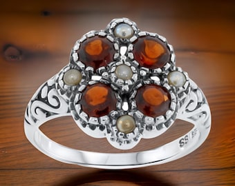 Vintage Natural Garnet Flower Ring: 925 Sterling Silver Filigree, Freshwater Pearl Accents 168