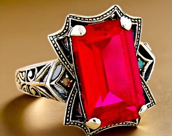 Vintage 8 Carat Lab Ruby & Opal Filigree Ring - 925 Sterling Silver 506