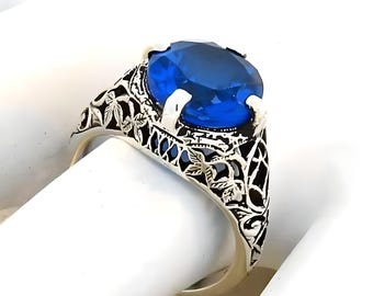 Vintage Filigree 925 Sterling Silver Filigree Ring: 4.00 Carat London Blue Topaz 340