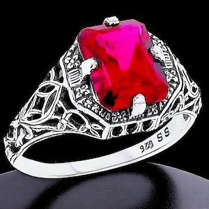Vintage Lab Ruby Solitaire Ring 3.00 Carat,Intricate Filigree Design in 925 Sterling Silver,Stunning Engagement or Special Occasion Gift 152