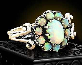 Vintage Filigree Opal Flower Ring 925 Sterling Silver October Birthstone 464