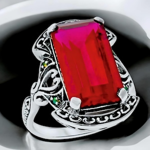 Vintage 9 Ct. Lab Ruby Heart Ring 925 Sterling Silver Green Opal Accents 502