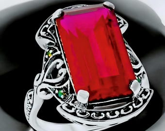 Vintage 9 Ct. Lab Ruby Heart Ring 925 Sterling Silver Green Opal Accents 502