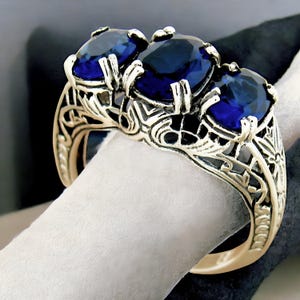 Vintage Filigree 2 Carat Sim. Sapphire Ring: 925 Sterling Silver Three-Stone Anniversary Ring 1169