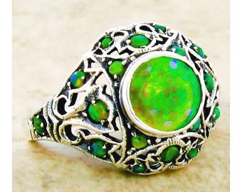 Vintage Green Fire Opal Ring: Filigree 925 Sterling Silver 093