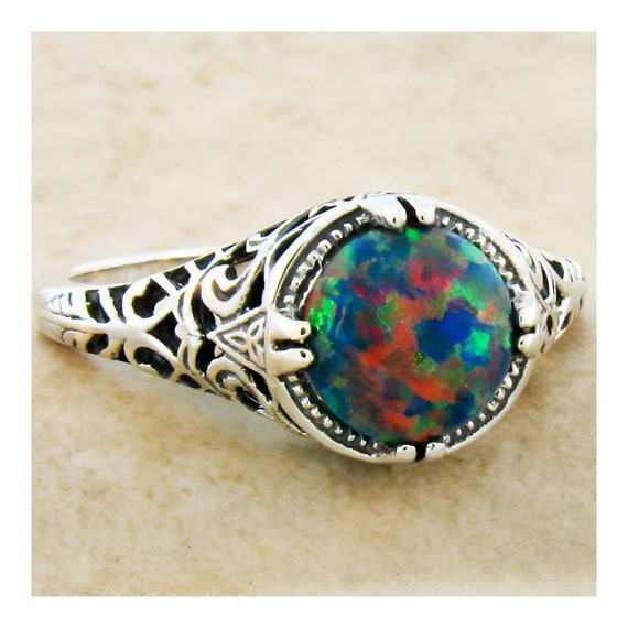 Vintage Estate Black Opal Solitaire Filigree Ring… - image 1