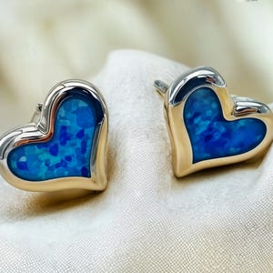 Dainty Blue Opal Heart Studs in 925 Sterling Silver-Elegant Earrings for Daily Wear, Romantic Jewelry Birthday Gift, October Birthstone 1737