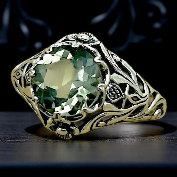 Vintage 1.77 Ct. Natural Green Amethyst Scottish Thistle Ring 925 Sterling Silver 1258