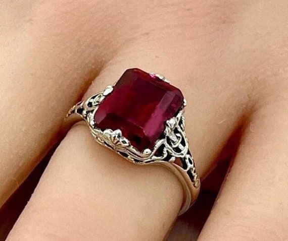 Vintage Deep Red Emerald Cut Lab Ruby In 925 Soli… - image 1