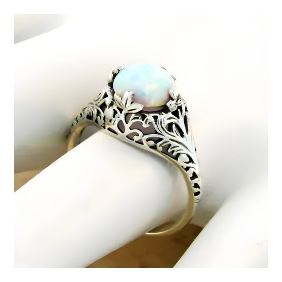 Vintage Estate Opal Solitaire Filigree Ring In 92… - image 1