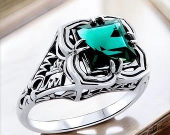 Vintage 1.5 Carat Sim. London Blue Topaz Ring 925 Sterling Silver Filigree Solitaire 1165