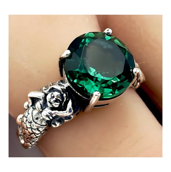 Vintage Mermaid Ring: Sim. Emerald Solitaire, 925 Sterling Silver 920