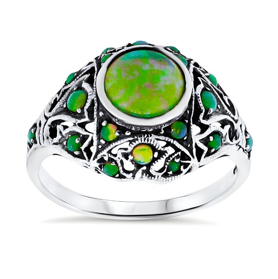 Vintage Green Fire Opal Ring - Filigree Design in… - image 3