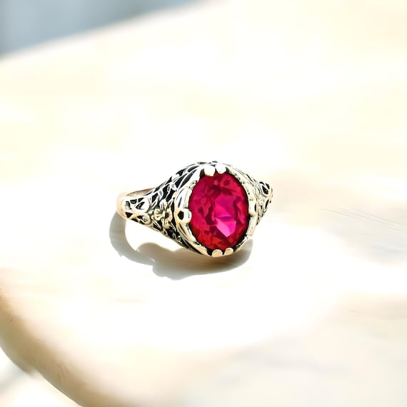 Vintage Lab Ruby Filigree Ring: 2.50 Carat 925 Sterling Silver 769