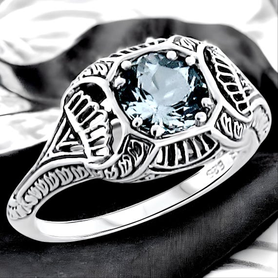 Vintage Natural Aquamarine Filigree Ring: 925 Sterling Silver Solitaire 287