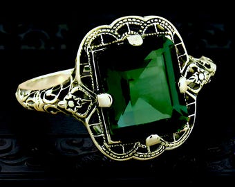 Vintage Filigree 925 Sterling Silver 3 Carat Sim. Emerald Ring: May Birthstone 1150