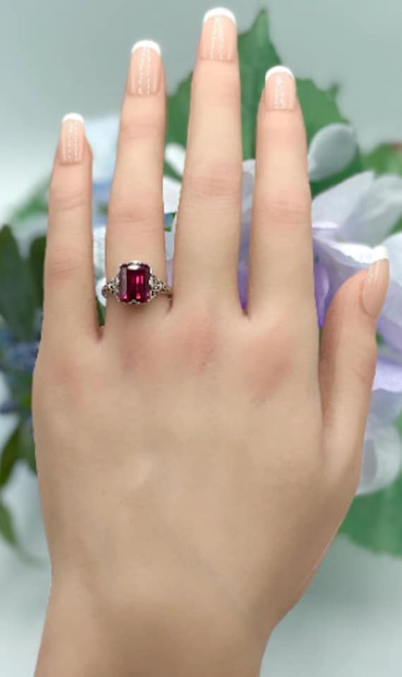 Vintage Deep Red Emerald Cut Lab Ruby In 925 Soli… - image 3