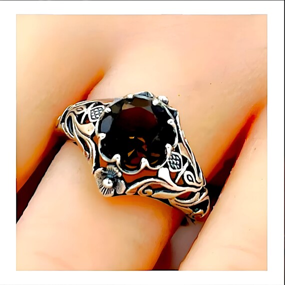 Vintage Scottish Thistle Ring: Natural Smoky Quartz Filigree, 925 Sterling Silver 099 View 2