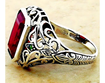 Vintage 5 Carat Lab Ruby Ring: Green Fire Opal Filigree, 925 Sterling Silver 495