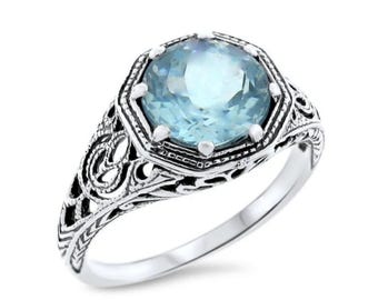 Vintage Natural Sky Blue Topaz Filigree Ring: 925 Sterling Silver 882