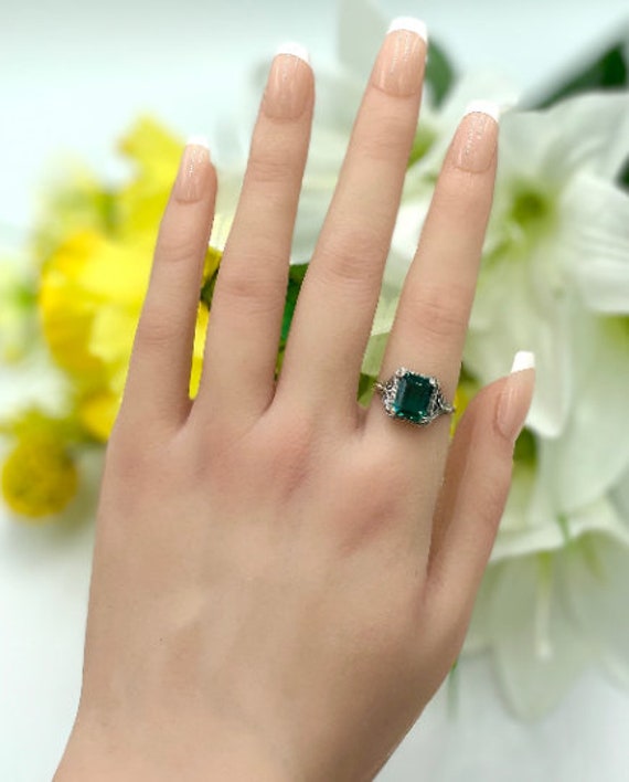 Emerald Statement Ring, Peacock Design, 925 Sterl… - image 5