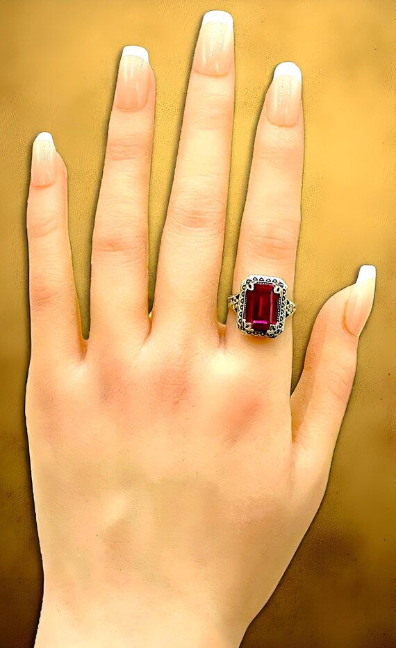 Vintage 925 Sterling Silver Lab Ruby Filigree Rin… - image 4