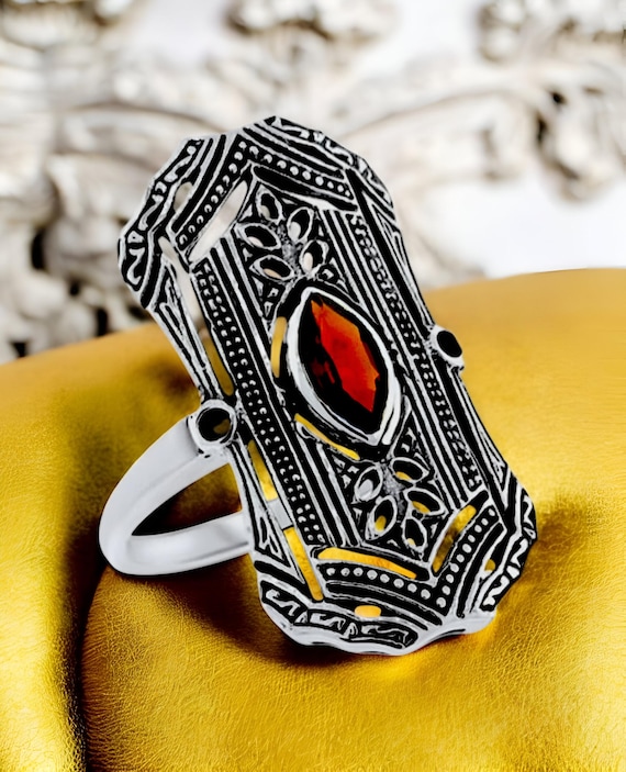 Vintage Natural Marquise Garnet Ring: Filigree 925 Sterling Silver