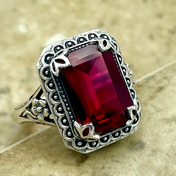 Ruby Ring In 925 Solid Sterling Silver - Solitaire Statement - July Birthstone - Gift For Her - Created Vivid Red Ruby - Vintage -     #1216