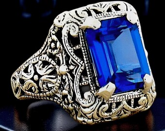 Vintage 925 Sterling Silver Filigree Ring: 4.00 Carat London Blue Topaz 191