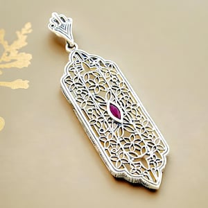 Vintage Natural Marquise Ruby Filigree Pendant: 925 Sterling Silver 979