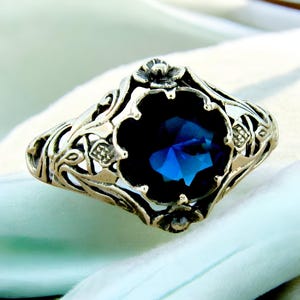 Vintage Scottish Thistle Ring: 1.33 Ct. Sim. Sapphire, 925 Sterling Silver Filigree 1140