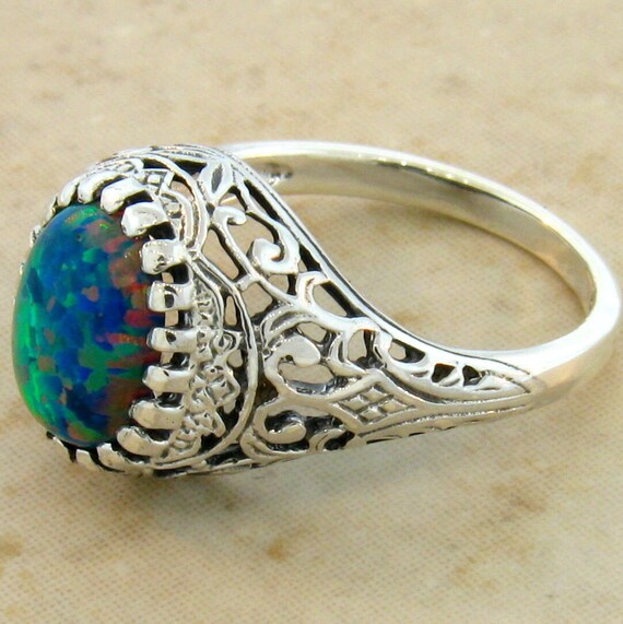 Vintage Estate Black Opal Solitaire Filigree Ring… - image 3