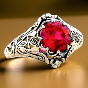 Vintage Scottish Thistle 2.50 Carat Lab Ruby Ring: Filigree 925 Sterling Silver Solitaire 321