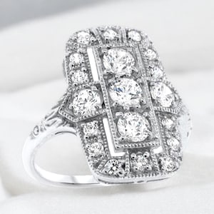 Vintage Statement Ring - 925 Solid Sterling Silver - Anti-Tarnish Rhodium Plated - Bright Cut Cubic Zirconia -  1151