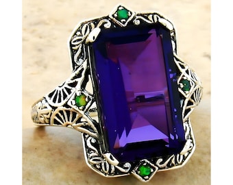 Vintage Filigree Sterling Silver Ring: 6 Carat Amethyst & Green Opal 301