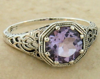 Vintage Natural Amethyst Solitaire Filigree Ring In 925 Solid Sterling Silver      877