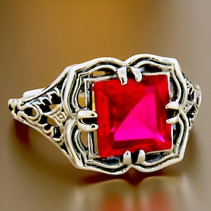 Vintage 2.25 Carat Lab Ruby Solitaire Ring: Filigree 925 Sterling Silver 674