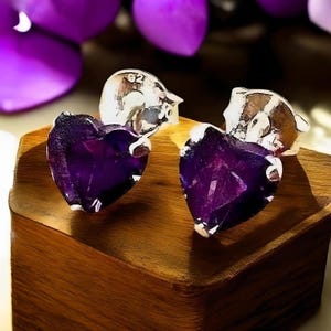 Tiny 925 Sterling Silver Amethyst Cz Heart Stud Earrings, 6mm Purple Stones, Everyday Wear, Romantic Birthday Gift, February Birthstone 2007