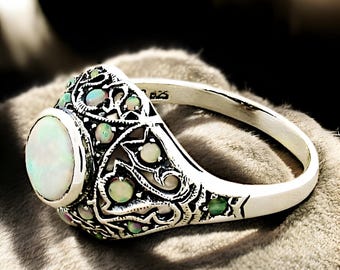 Vintage Opal Filigree Dome Ring: 925 Sterling Silver, October Birthstone 760