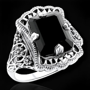 Vintage Black Agate Solitaire Filigree Ring In 925 Solid Sterling Silver, Perfect Birthday Or Anniversary Gift, Unique Gemstone Jewelry 1186
