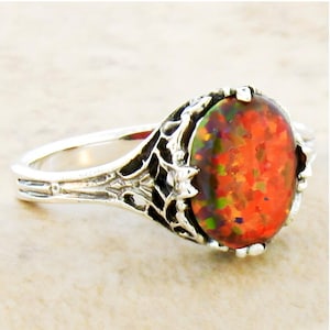 Vintage Red Fire Opal Solitaire Filigree Ring In 925 Solid Sterling Silver         245