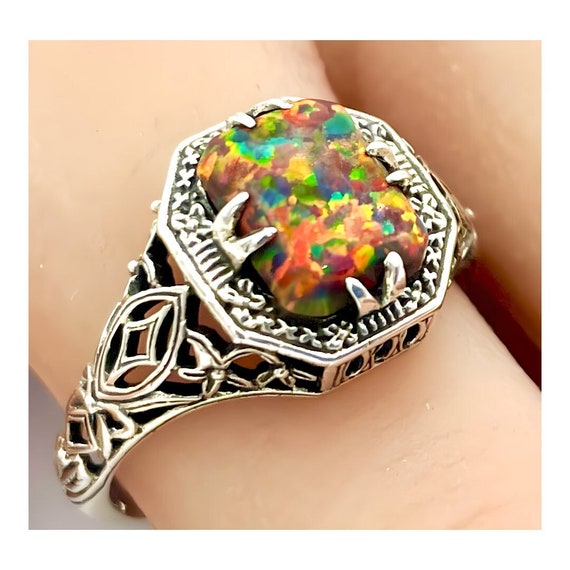 Vintage Estate Red Fire Opal Solitaire Filigree R… - image 1