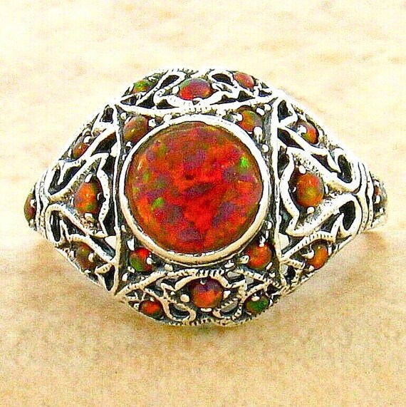 Red Fire Opal Dome Filigree Ring In 925 Solid Ste… - image 4