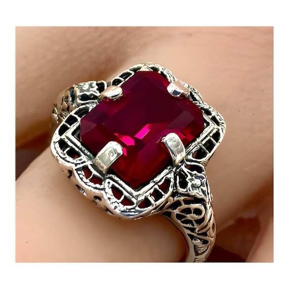Vintage Simulated Ruby Ring: 925 Sterling Silver … - image 1