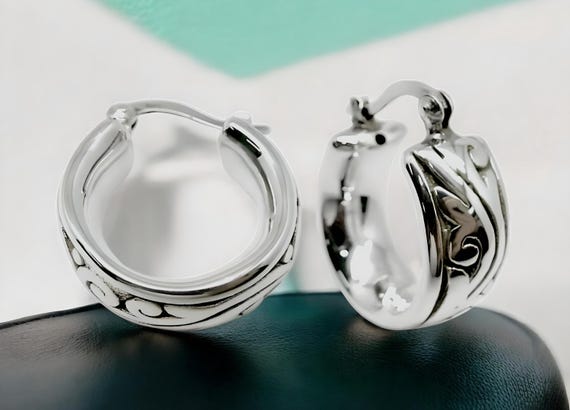 Filigree Sterling Silver Hoops,925 Latch Back Earrings