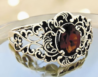 Vintage Natural Garnet Solitaire Ring: 925 Sterling Silver Filigree Jewelry 865