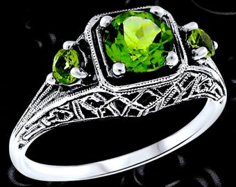 Vintage Natural Peridot Filigree Ring: 925 Sterling Silver Three Stone Design 514