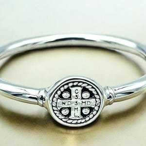 St. Benedict 925 Sterling Silver Bracelet,Lightweight 6.5&quot; Spring Hinged Bangle,Spiritual Protection Gift, Unique Inspirational Present 1526