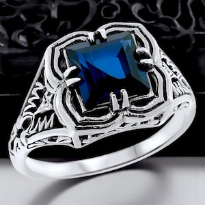 Vintage 2 Carat Royal Blue Lab Sapphire Ring: 925 Sterling Silver Filigree 745